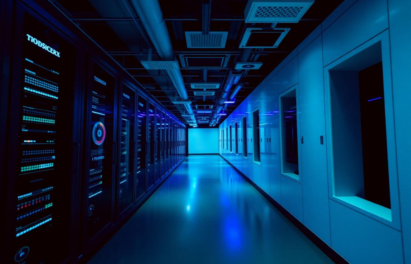 Corridor of illuminated server racks in a modern data centre representing cloud hosting infrastructure