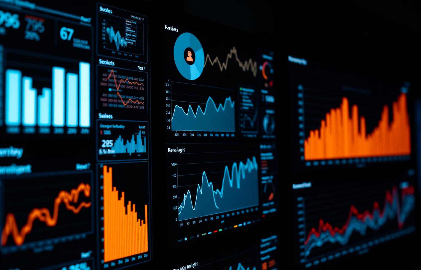 Wall of dark analytics dashboards showing line charts, bar charts and distribution graphs used to monitor a software platform