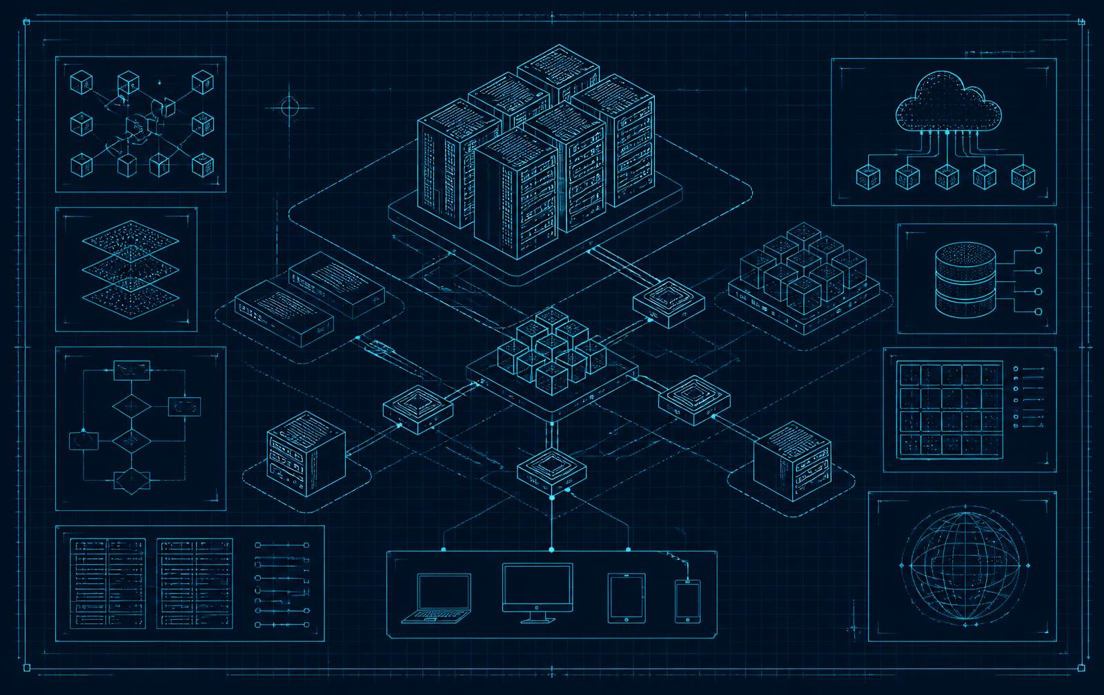 Isometric technical schematic of an IT system showing server racks, cloud services, network nodes, databases and client devices drawn in cyan lines