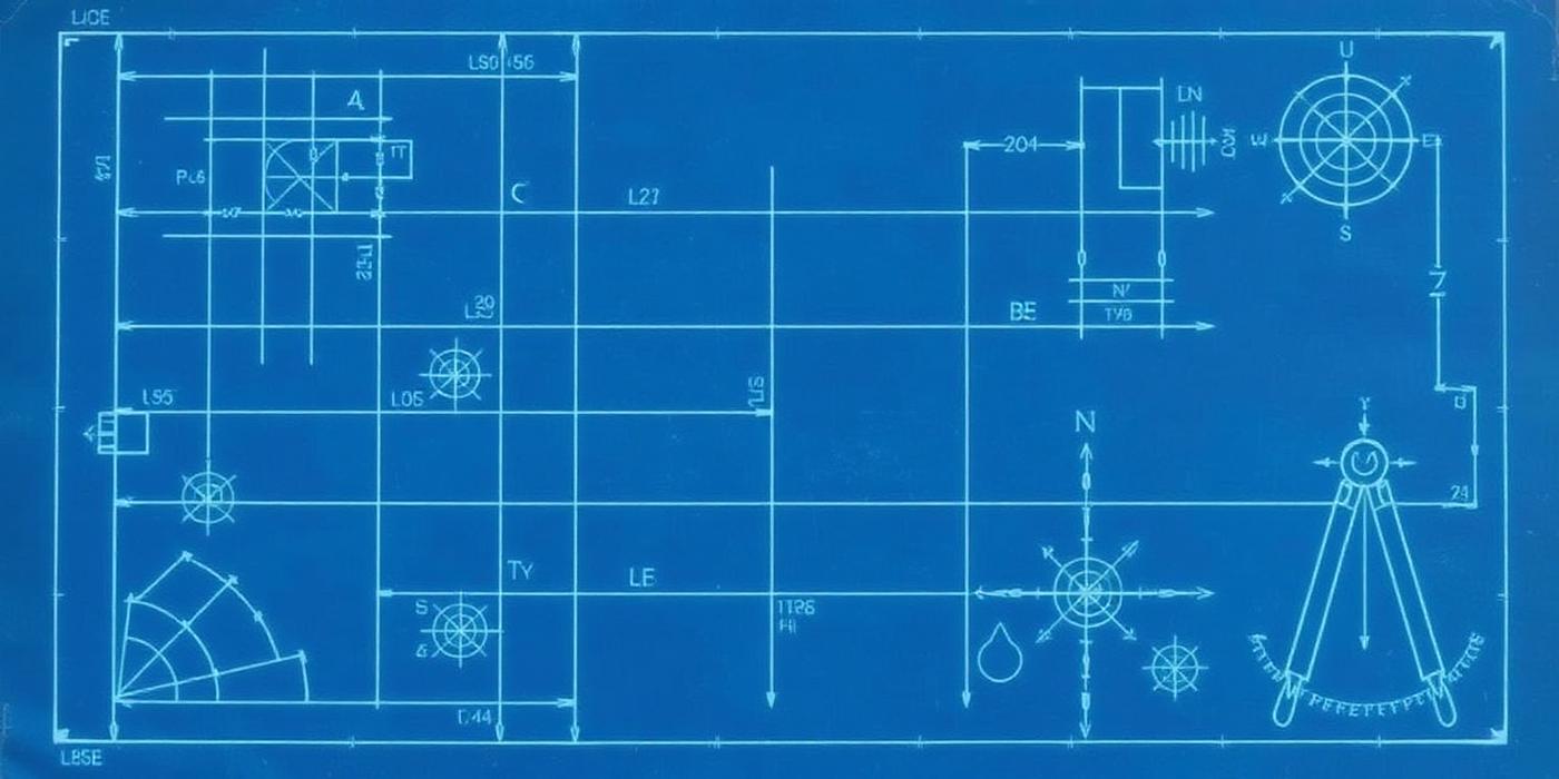 Blueprint drafting sheet with measurement grid, compass rose and drafting instruments symbolising a documented engineering process
