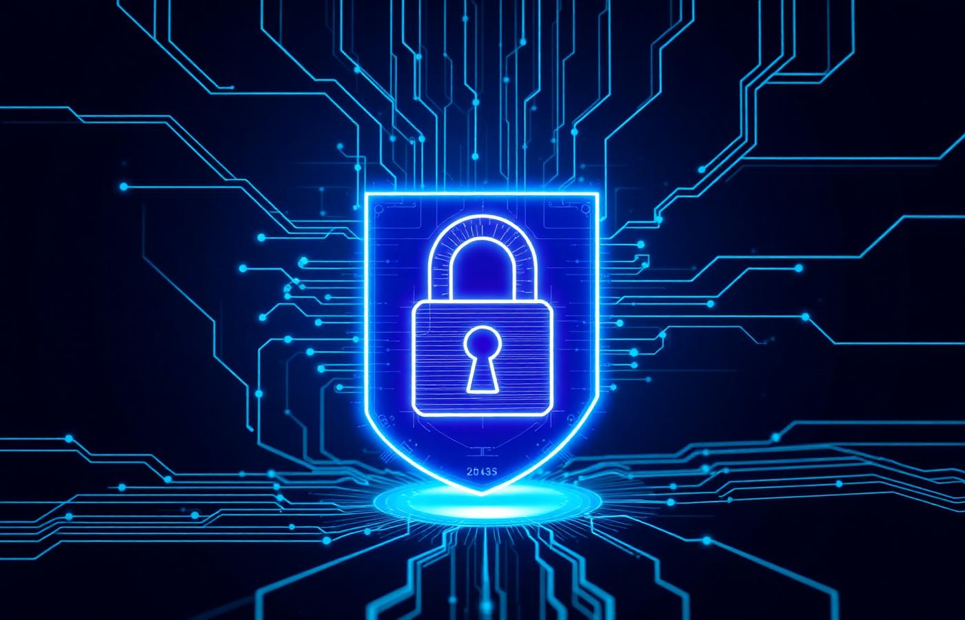 Illuminated padlock on a shield surrounded by circuit board traces, representing application and infrastructure security